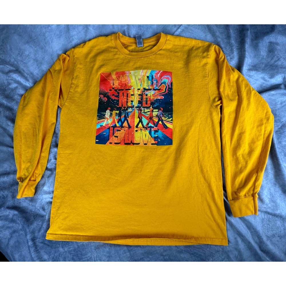 The Beatles Band Crew Shirt Abbey Road All You Need Is Love Long Sleeve Yellow L